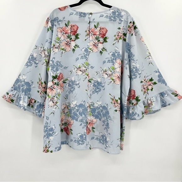 Bobeau Blue Floral Ruffle Bell Sleeve Crepe Blouse Top Plus 2X - Picture 3 of 8